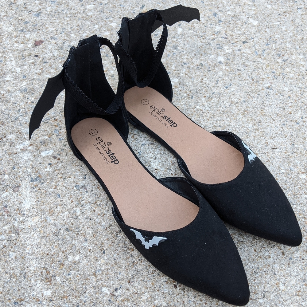 Pointy Black Faux Suede Bat Flats